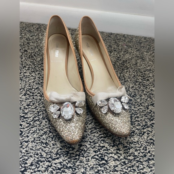 Miu Miu Shoes - Miu Miu Glitter Sparkle Heels with Rhinestines and Bow Designer Bridal 36.5 (J)